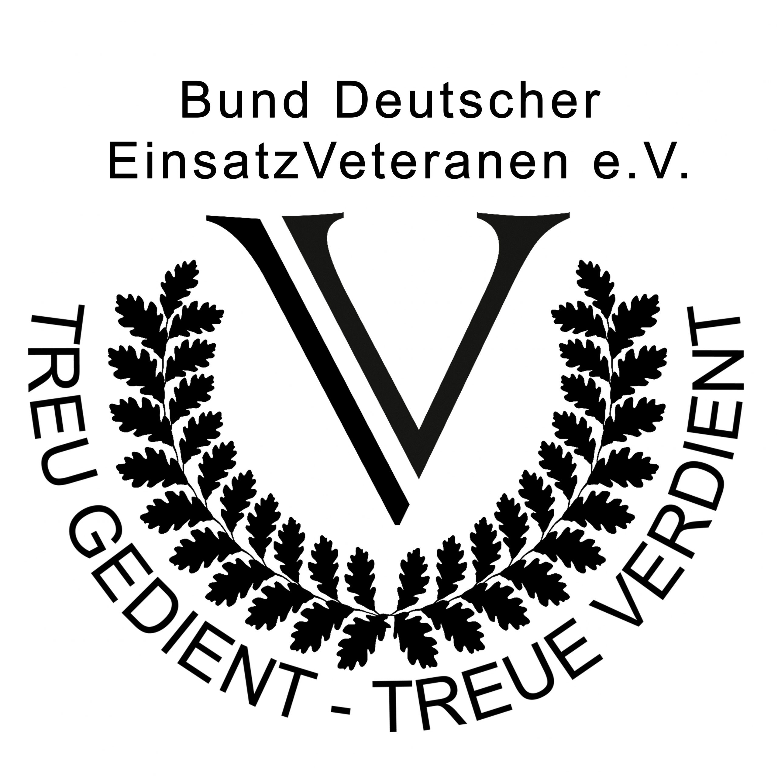 Logo des Bund Deutscher Einsatz Veteranen e. V. mit dem Motto: Treu gedient - Treue verdient. Ein großes V wird von einem Eichenkranz gesäumt.
