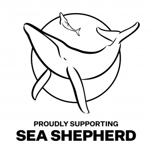 Logo der Organisation Sea Shepherd mit zwei gezeichneten Walen in einem Kreis