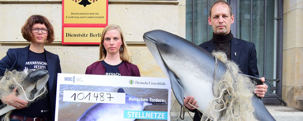 Three people are each holding three different objects. The woman on the left holds a small model of a porpoise caught in a net, the woman in the middle holds a sign with the petition, the man standing on the right holds a larger model of a porpoise caught in a net. They are standing in front of the Federal Ministry in Berlin.